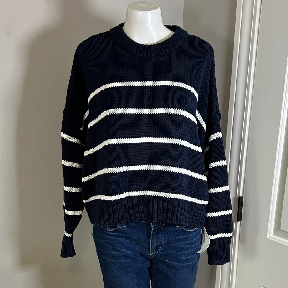 Jenni Kayne Chloe Striped Cotton Crewneck Sweater Boxy Navy Blue White Stripe L - Picture 2 of 11